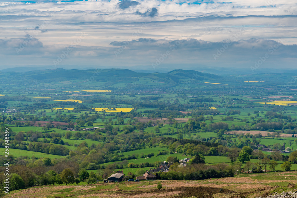 View over the Shropshire landscape from Titterstone Clee near Cleeton, England, UK