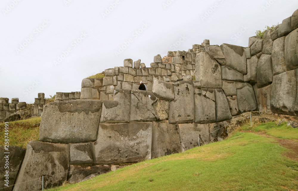 Amazing huge ancient Inca stone wall of Sacsayhuaman fortress, Cusco, Peru, South America 