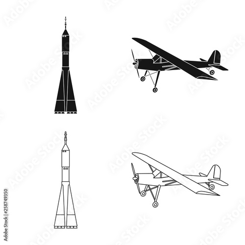 Vector illustration of plane and transport symbol. Set of plane and sky vector icon for stock.