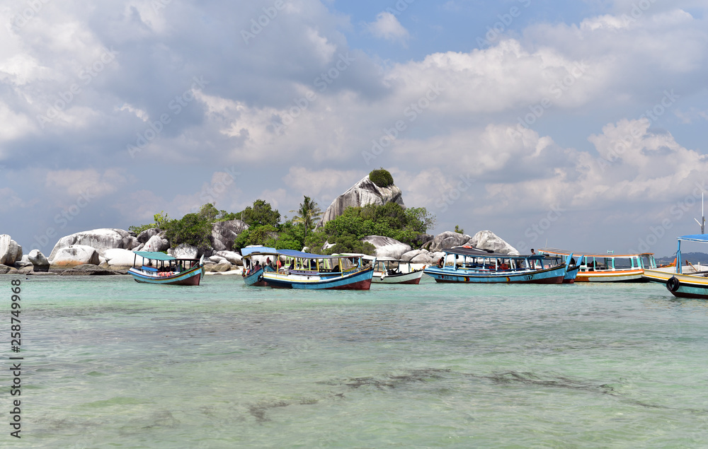 Touristic boats near Lengkuas Island, northwest side of Belitung Island, Indonesia