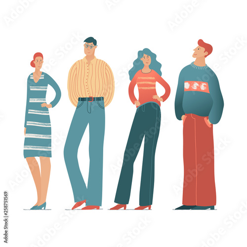 Group of four Caucaisan people men and women standing together, community teanwork togetherness concept, vector illustration isolated in white background. Four happy young people fulll length portrait