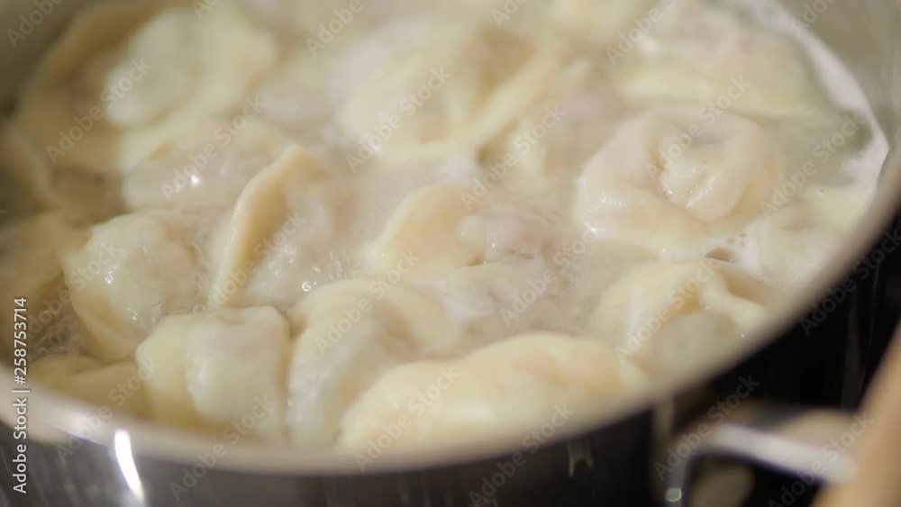 Boiling dumplings. Hot water with traditional dish of Russian cuisine. Boiling dumplings. Hot water with traditional dish of Russian cuisine.