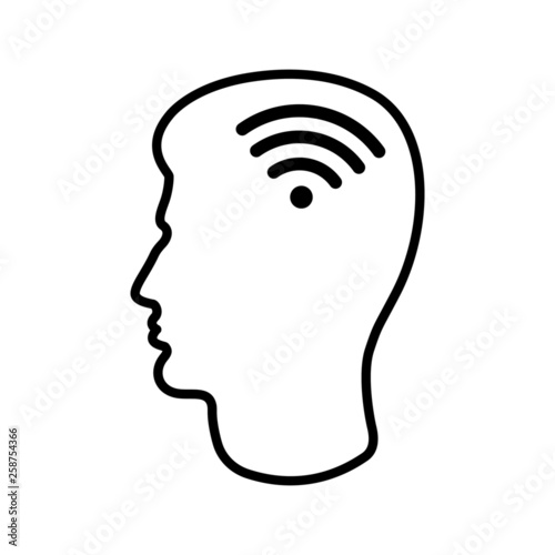 Line icon of man's head and signal. Concept of programmed thinking, control or online connection. Vector Illustration