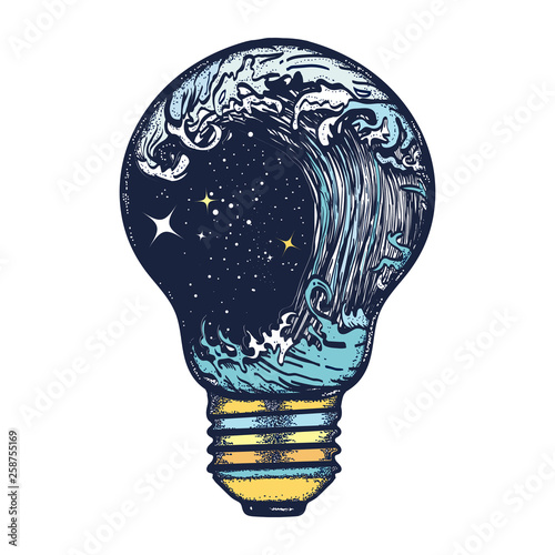 Storm in a light bulb. Great outdoors. Tsunami waves. Symbol of adventures boho style