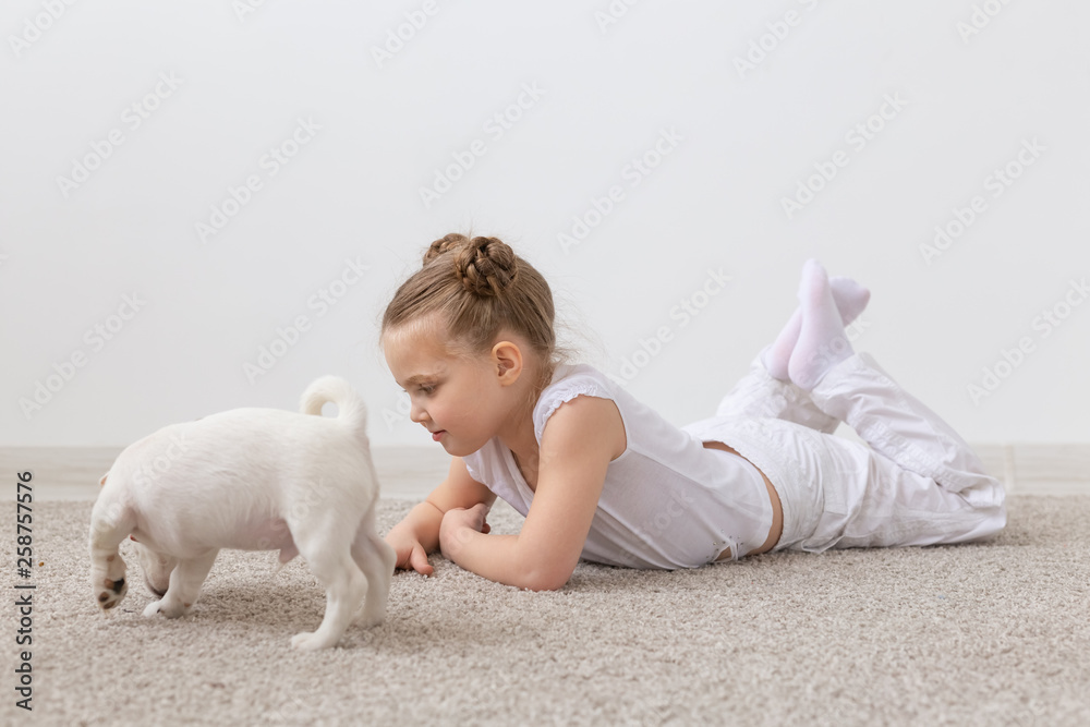 people, children and pets concept - little child girl lying on the floor with cute puppy Jack Russell Terrier people, children and pets concept - little child girl lying on the floor with cute puppy Jack Russell Terrier