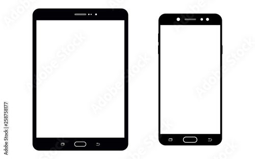 Black tablet or notepad and smartphone set with blank white screen. Smartphone and tablet or notepad set. Smartphone and tablet front view, vector. photo