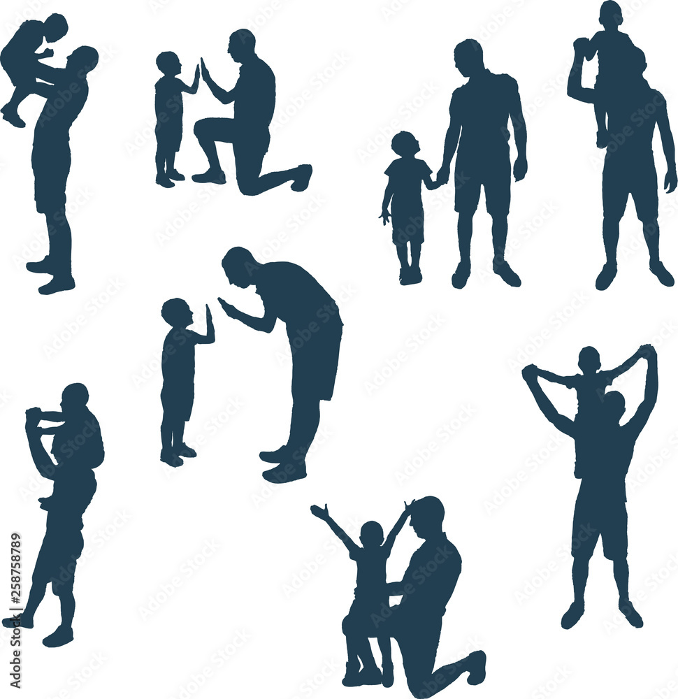Set of silhouettes of father and child. Man and son in different positions. The boy was five
