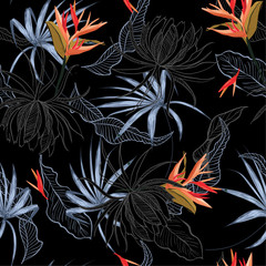 Fototapete Tropische Paradiesblumen-Muster Paradiesvogelblume und Exotenblätter Linienmuster  © MSNTY_STUDIOX