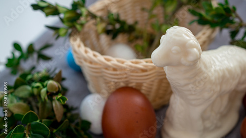 Wielkanocny koszyk z jajkami i barankiem.