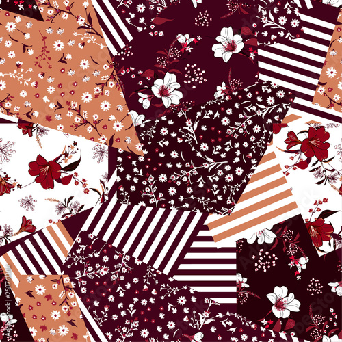 Stylish monotone maroon color tone in many kind of flowers pattern mixed seamless pattern in vector design