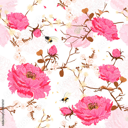 Oriental Soft and gentel bloom Vector seamless floral pattern. Japanese national flower peony and cherry blossom . Illustration hand drawn style 