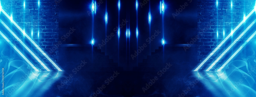 Background of empty dark room illuminated with blue neon lights