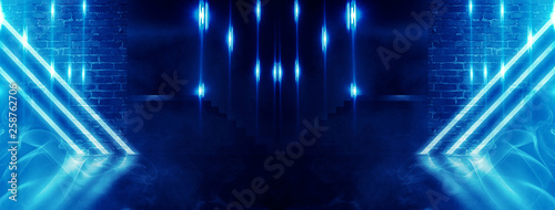 Background of empty dark room illuminated with blue neon lights