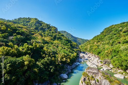 Beautiful landscape scenic of Taiyuan valley or called "Little Heaven" by the cliffs and green river in Donghe city, Taitung, Taiwan