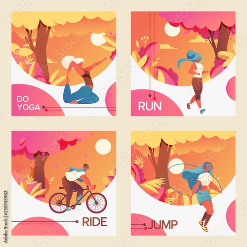 Vector square cards with young girls riding bycicle, doing youga, jumping with skipping rope and jogging. Vivid colors drawn with gradients and vivid greenery. Sport healthy lifestyle collection