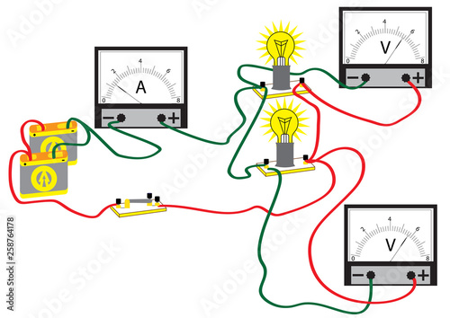 An electrical circuit consisting of parallel connected consumers, voltmeters for measuring the voltage and ammeter for measuring the amperage.