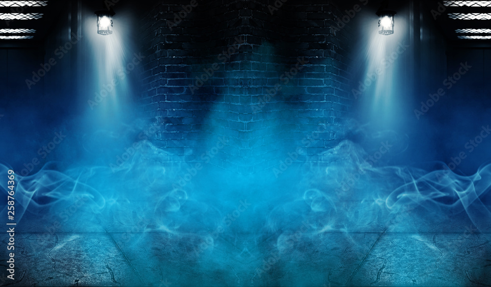 Background of an empty building with brick walls, illuminated by spotlights. View of open elevator doors. Neon light smoke. Background of an empty building with brick walls, illuminated by spotlights. View of open elevator doors. Neon light smoke.