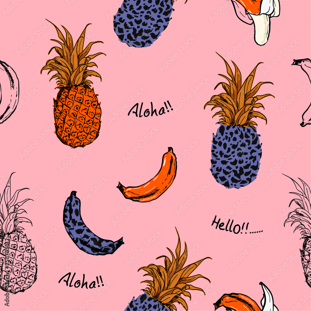 Seamless pattern in vector Summer fruits pineapple and bananas fill in ...