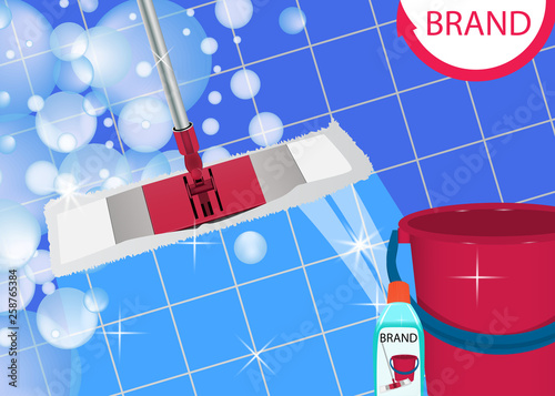 Mop cleaning clean blue tile floor shiny. Disinfectant cleaner for washing floors and bucket. Vector