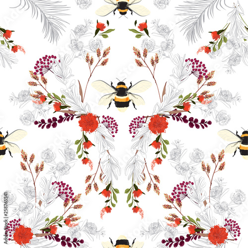 Summer botanical blooming garden flowers unfinished line drawing with stylish bees seamless pattern vector design for fashion,fabric,wallpaper,and all prints