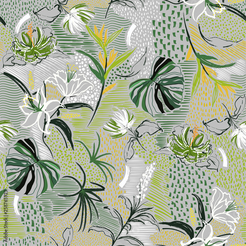 Stylish Seamless pattern vector hand drawn flower ,tropical palm forest, and blooming florals in line sketch mood design for fashion fabric and all prints