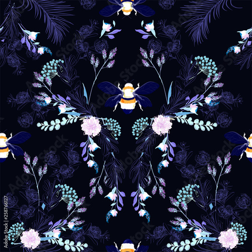 Botanical blooming garden night flowers unfinished line drawing with  bees seamless pattern vector design for fashion,fabric,wallpaper,and all prints