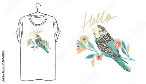 Summer print with bird and flower vector illustration