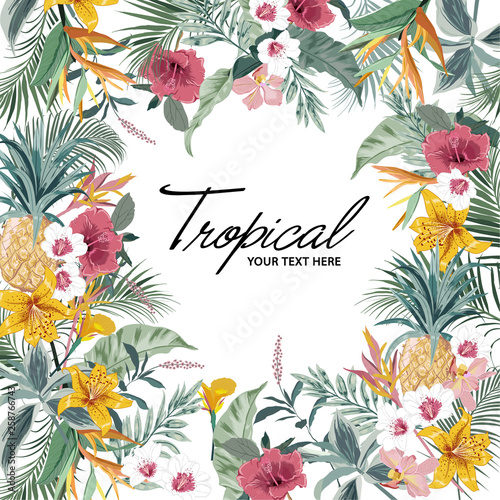 Summer Bright tropical background with jungle plants. Exotic leaves with tropical botanical. Vector illustration design