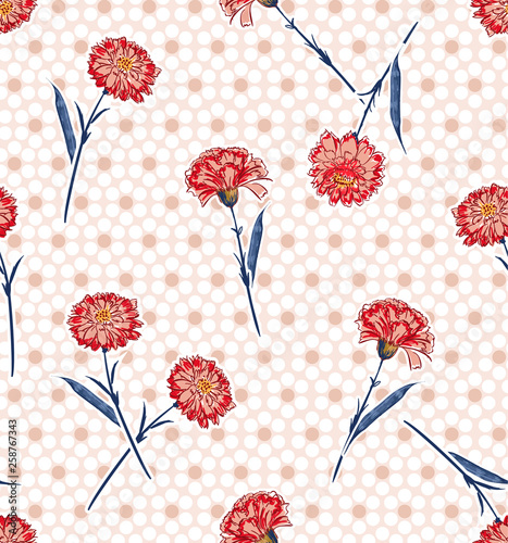 Summer blooming hand drawn pink carnation flowers seamless pattern on modern polka dots on light pink and white spots background design