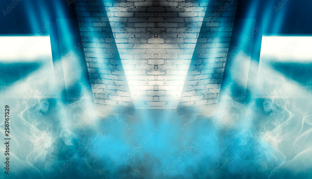 Background of empty dark room with brick walls, illuminated by neon blue lights with laser beams, smoke Background of empty dark room with brick walls, illuminated by neon blue lights with laser beams, smoke