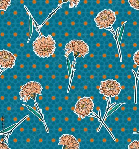 Retro Blooming hand drawn wild carnation flowers seamless pattern on modern polka dots on dark blue and red spots background