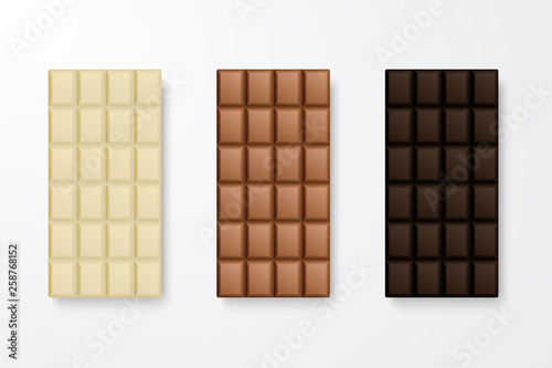Vector 3d Realistic White, Milk and Dark Black Chocolate Bar Icon Set Closeup Isolated on White Background. Design Template. Top View