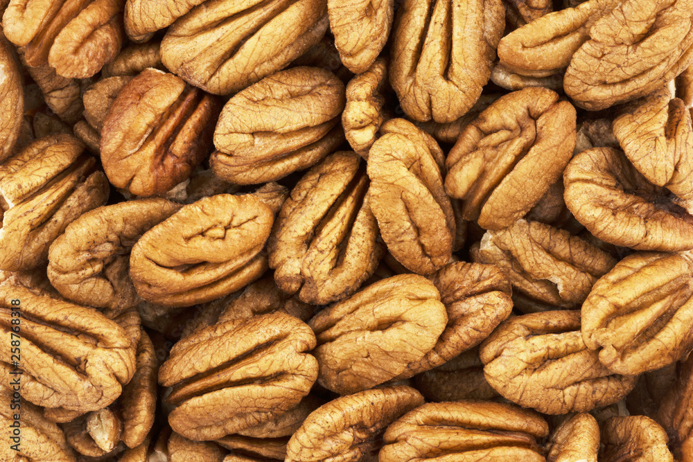 Top view on background texture of pecan nuts. Copy space for text.
