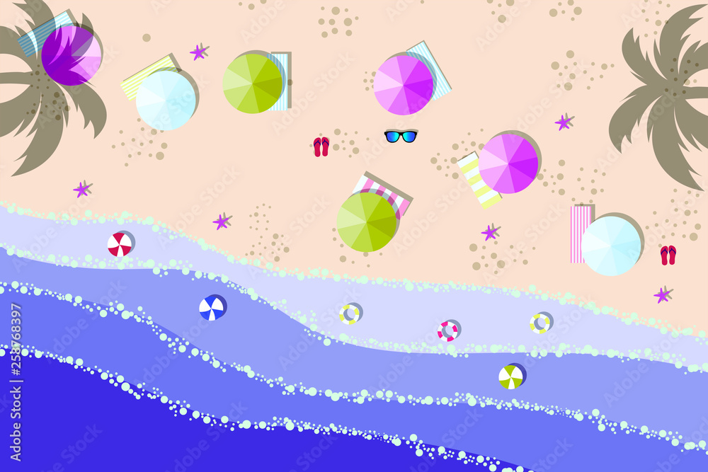 Fototapeta premium Summer sunny beach with umbrellas. Sea waves Top view. Travel, vacation, holidays concept. 