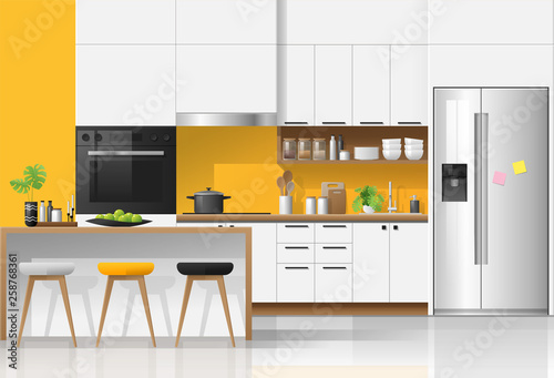 Modern colorful kitchen interior background , vector , illustration
