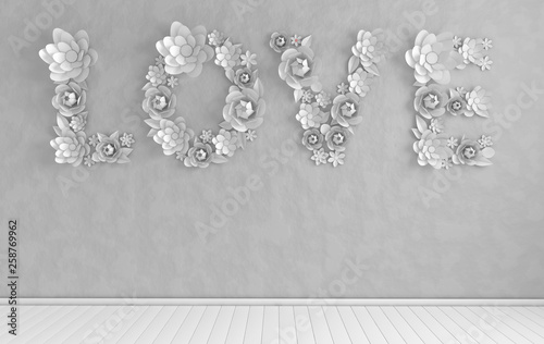 Fototapeta Naklejka Na Ścianę i Meble -  3d render interior with word LOVE made of white paper flowers and leaves, mock up.