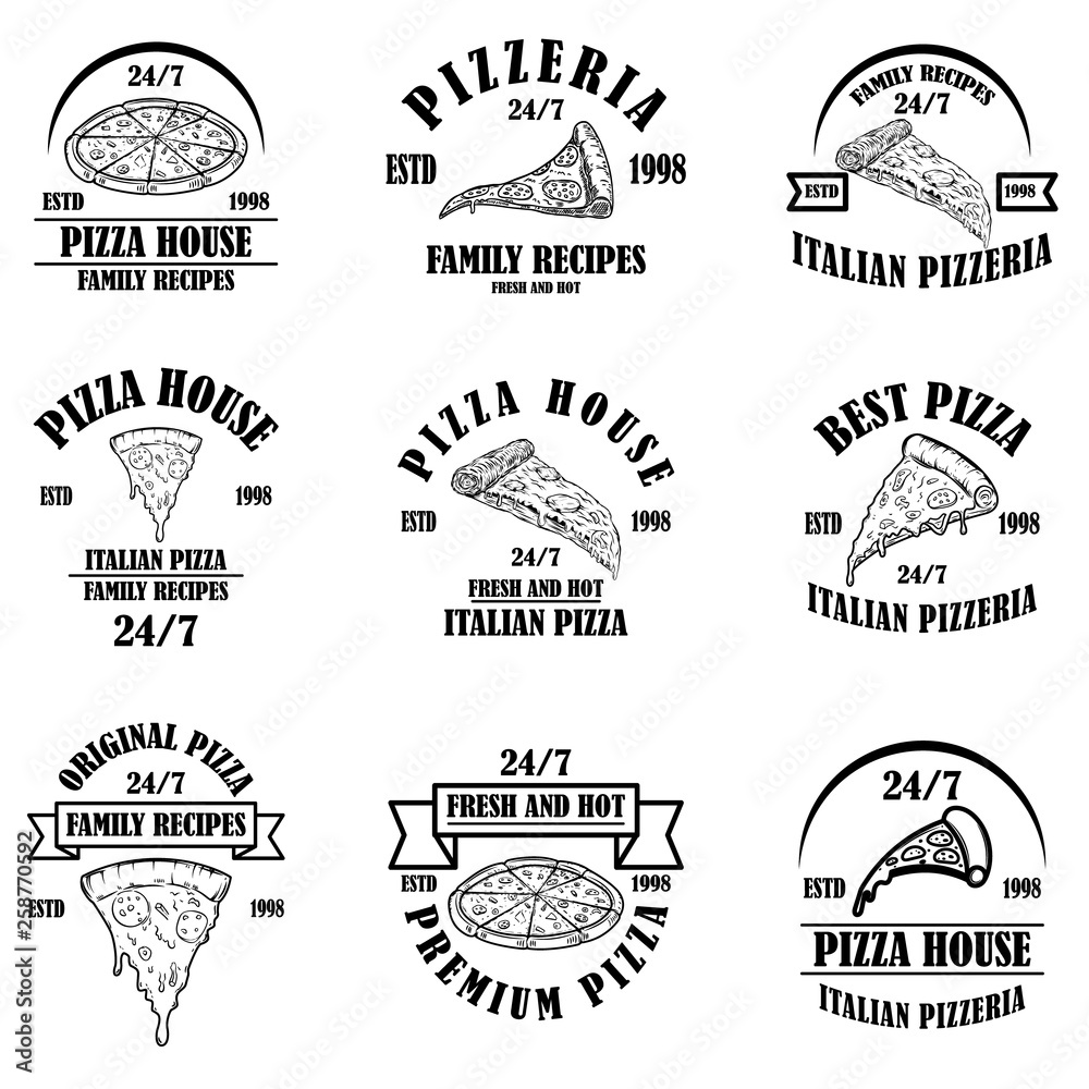 Obraz premium Set of pizza house emblems. Pizzeria labels. Design element for logo, sign, poster, card.