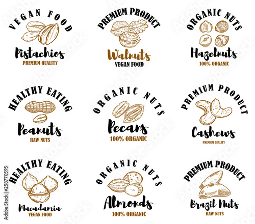 Set of emblems with raw nuts. Pistachios, walnuts, hazelnuts, peanuts, pecans, cashews, almonds.