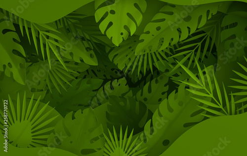 Fototapeta Naklejka Na Ścianę i Meble -  Tropical paper palm leaves frame. Summer tropical green leaf and paper hole layers. Origami exotic hawaiian jungle foliage, summertime background. Paper cut. Minimal style. 3d render