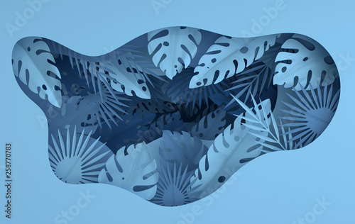 Tropical paper palm leaves frame. Summer tropical blue leaf and paper hole layers. Origami exotic hawaiian jungle foliage, summertime background. Paper cut. Minimal style. 3d render