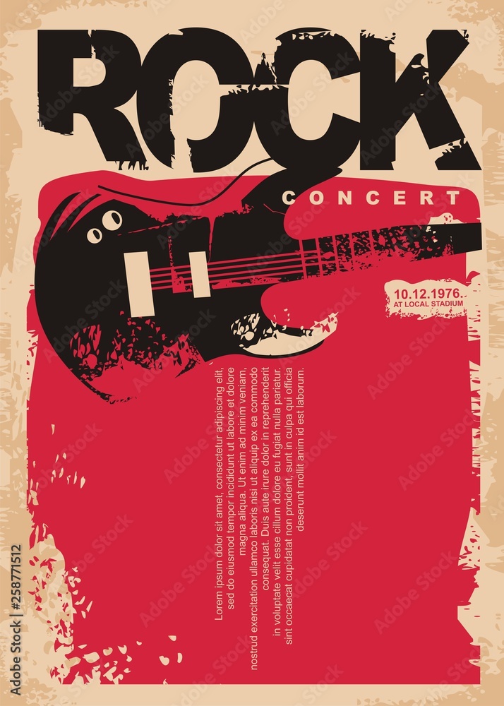 Hubert Hudson sortie by Rock concert poster template with electric guitar on grungy red background.  Rock music flyer layout. Musical event vector banner on old paper texture.  Stock Vector | Adobe Stock