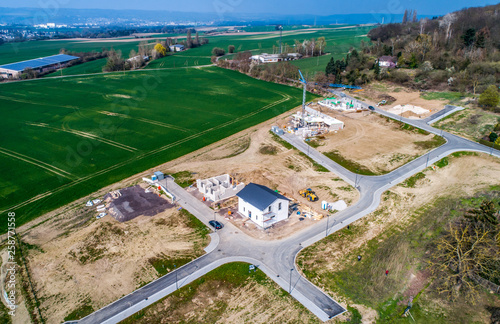 Aerial view of road streets new development area for real estate hme building construction germany