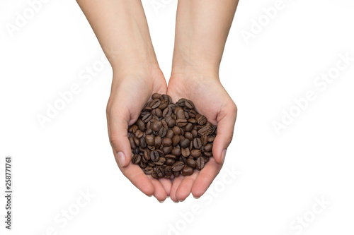 Heap of coffee beans in the palms on a white background © Pavolia