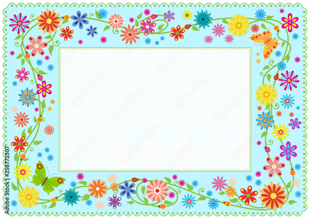 Ornate summer framework with abstract flowers, butterflies and ladybugs on stems. Template for card, diploma, certificate for kids. Pattern brush included in EPS file. 