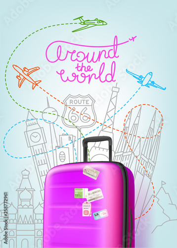 Color plastic travel bag with different world travel sights. Travel concept