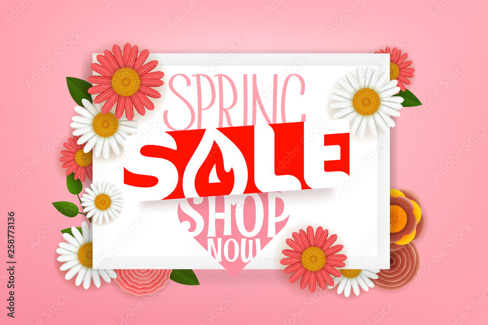 Obraz premium Spring sale advertising banner. Vector lettering shopping banner with flowers