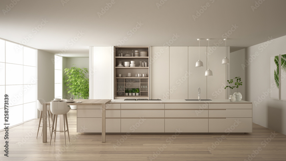 White minimalist kitchen in eco friendly apartment, island, table, stools and open cabinet with accessories, big window, bamboo and hydroponic vases, parquet , interior design idea