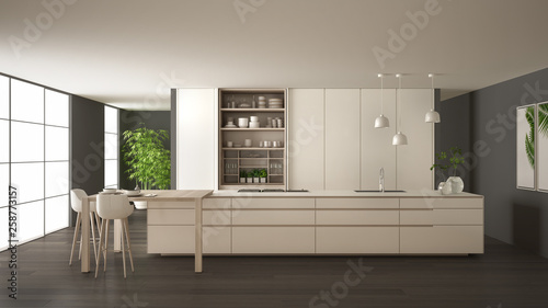 White and gray minimalist kitchen in eco friendly apartment  island  table  stools and open cabinet with accessories  window  bamboo  hydroponic vases  parquet   interior design idea