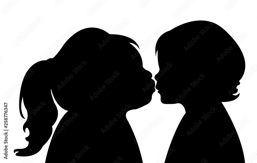 sister kissing the boy, silhouette vector