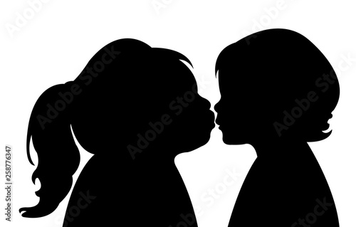 sister kissing the boy, silhouette vector